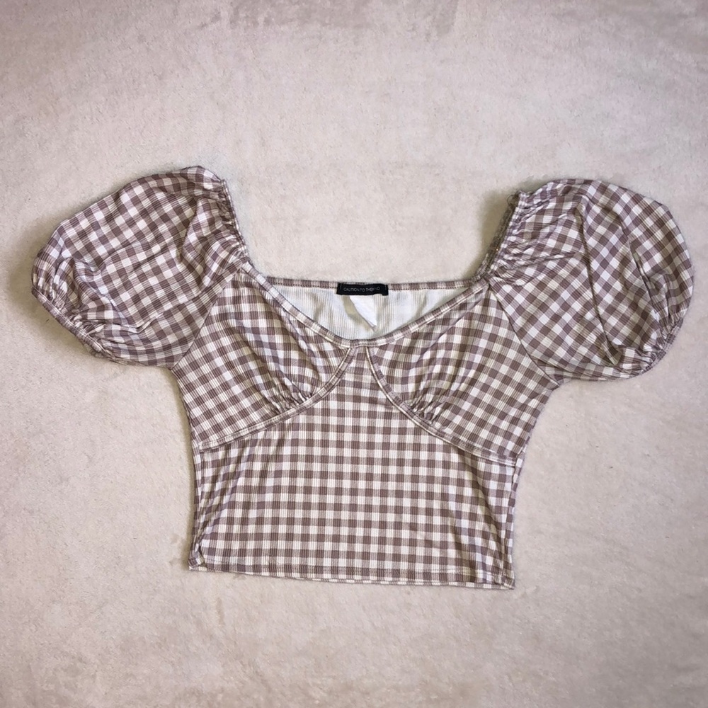 Cream White Plaid Puff Sleeve Blouse Crop Top